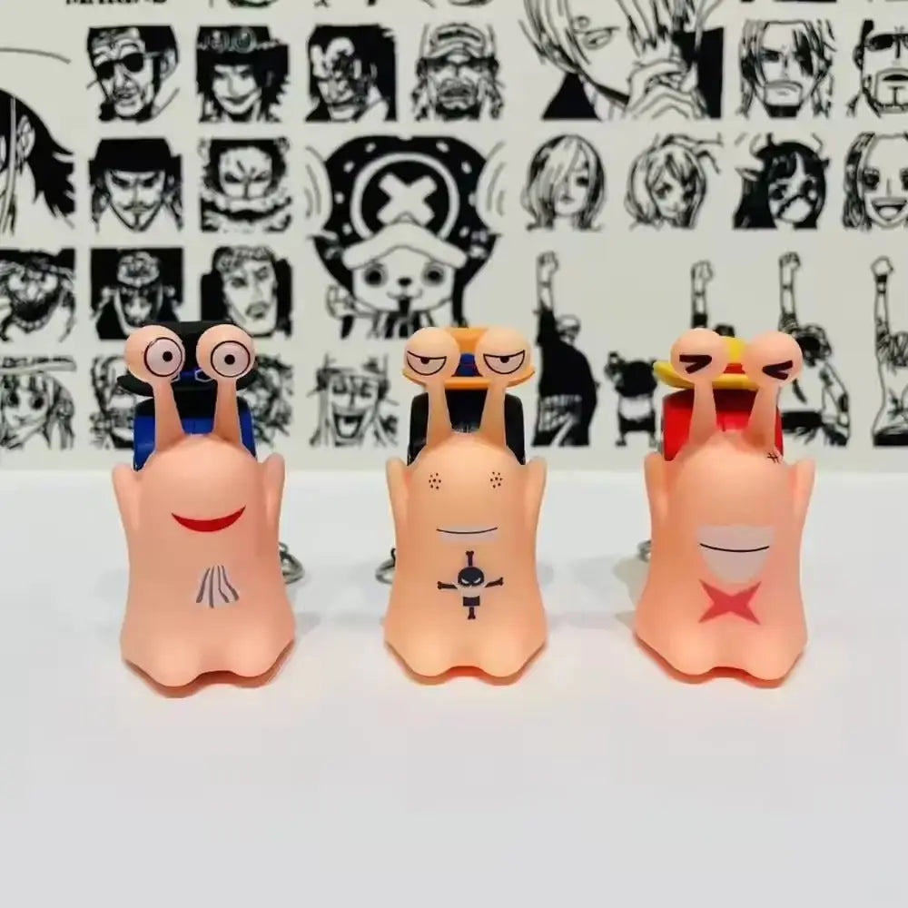 Front view of the Luffy Den Den Mushi keychain among character variants