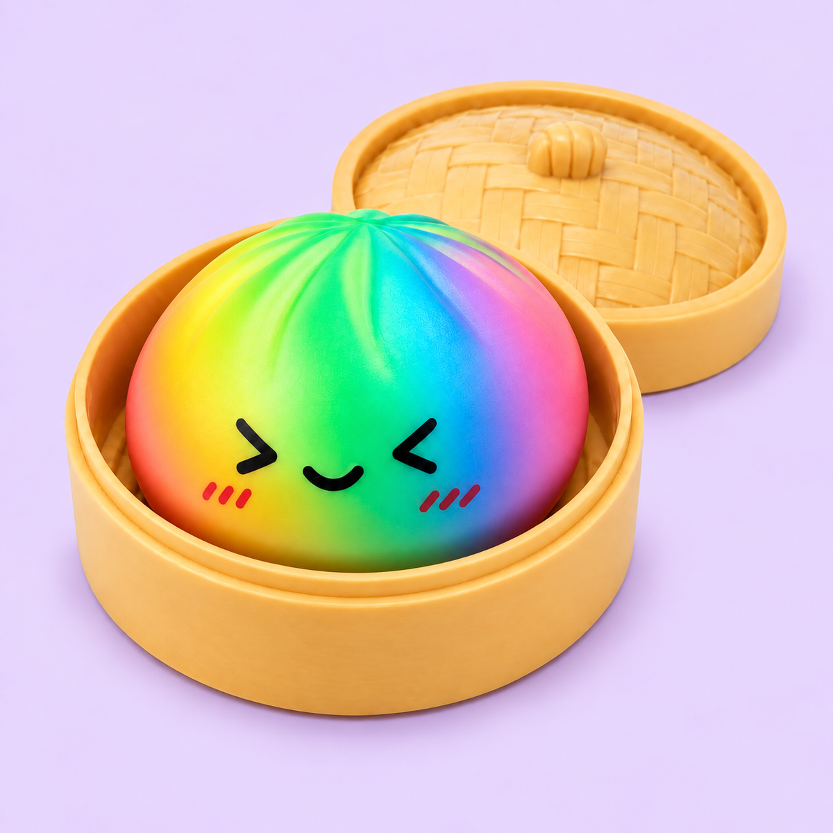 Blushing Rainbow Dumpling Squishy in golden bamboo steamer on pale lilac background