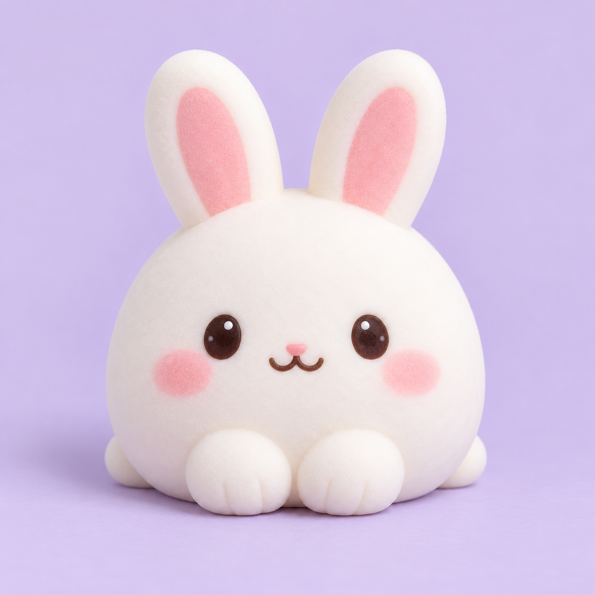 White kawaii bunny mochi squishy toy with pink ears and a smiling face on lavender