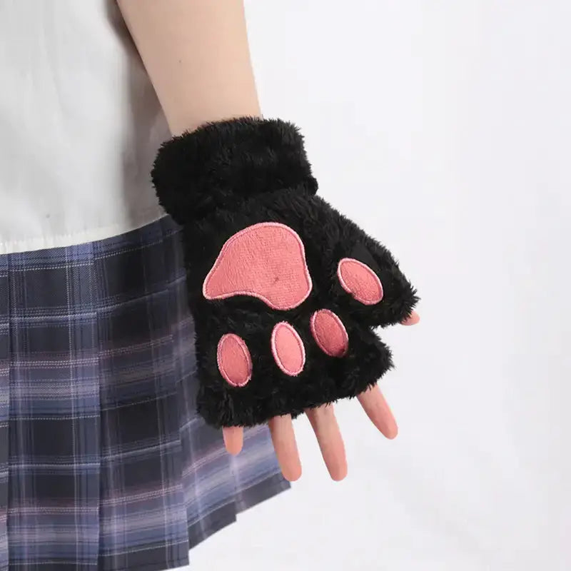 Black Fluffy Cat Paw Gloves