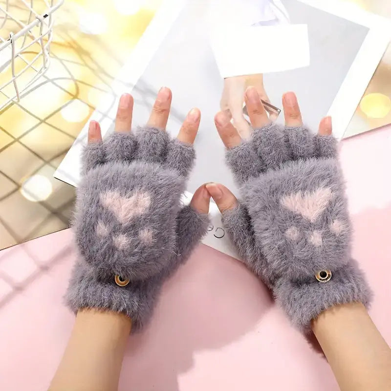 Grey Heart Cat Paw Gloves