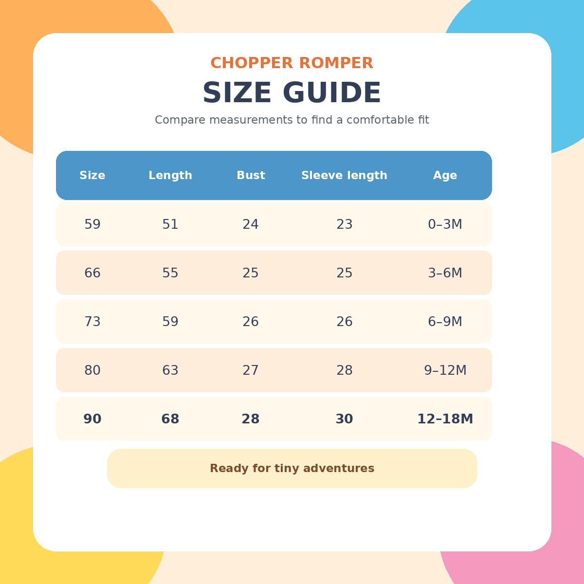Vibrant Chopper baby romper size guide with measurements for five age ranges