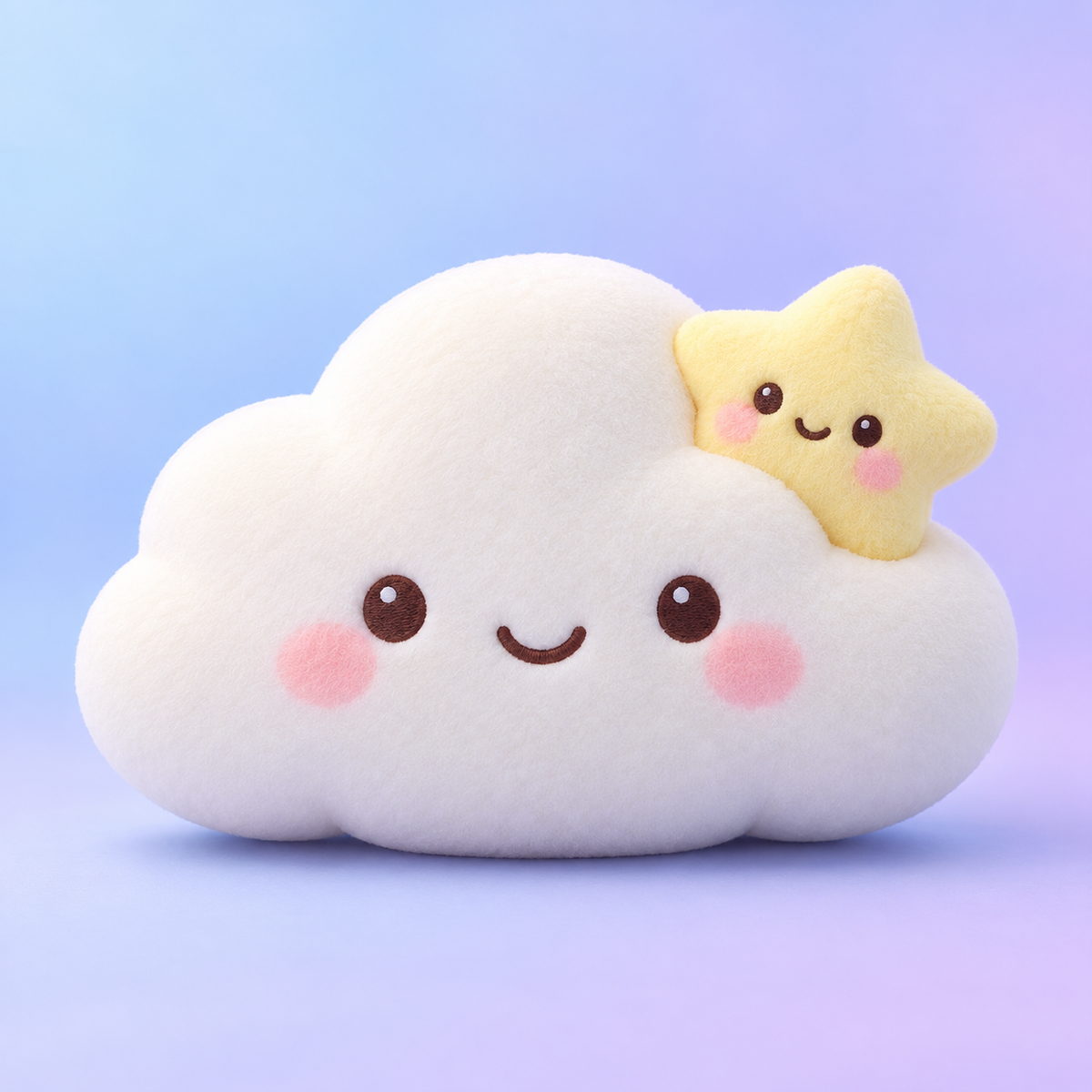 Kawaii cloud and star squishy toy on a pastel blue and lavender background