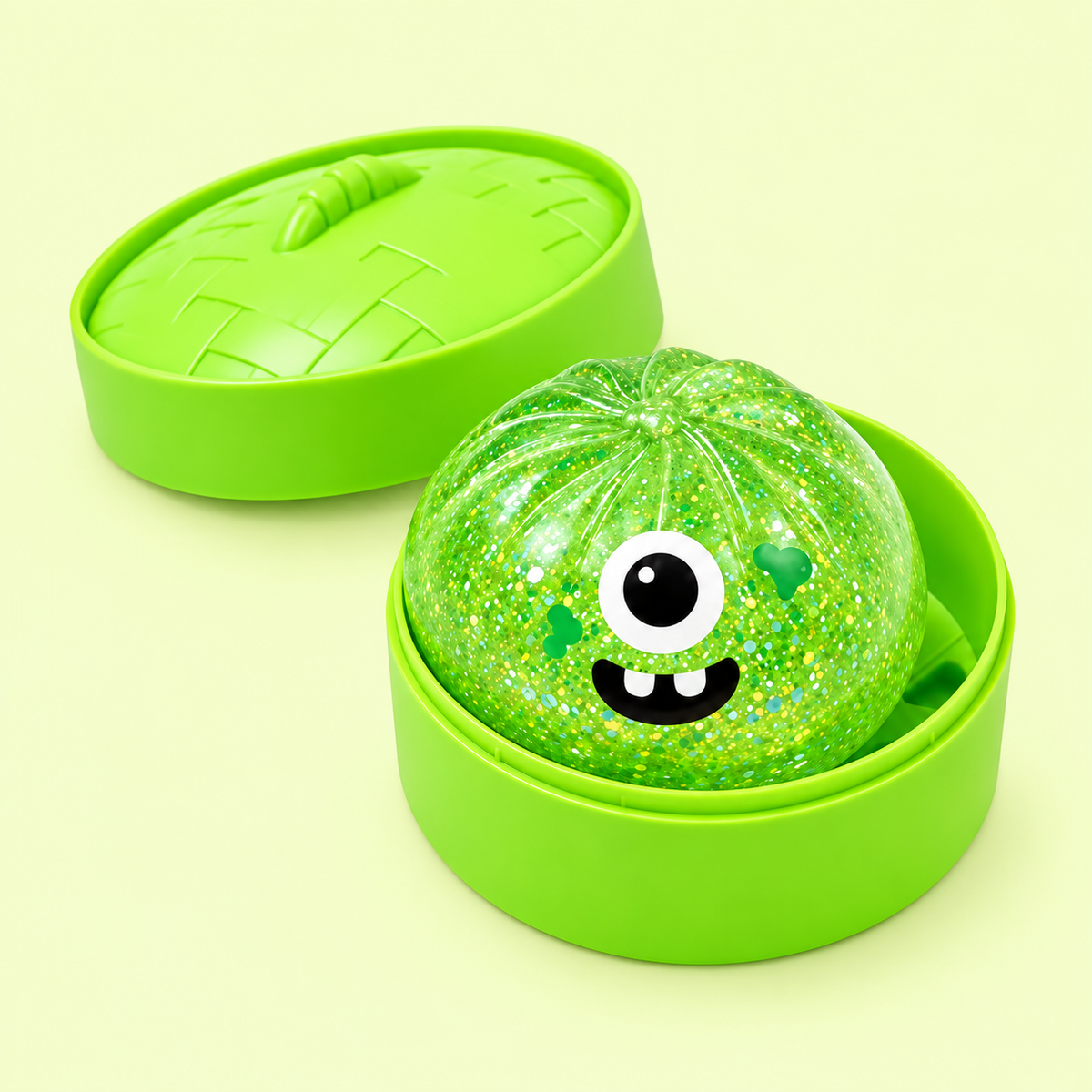 Cyclops green dumpling squishy with case and detached lid