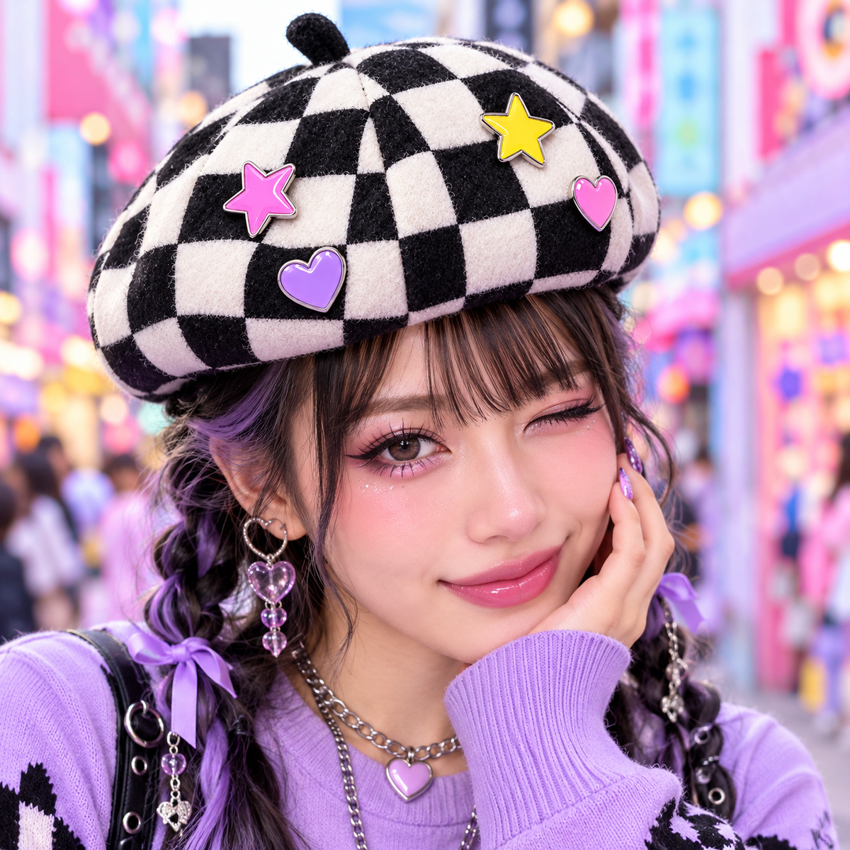 Checkerboard Harajuku beret with pastel pins styled on a model