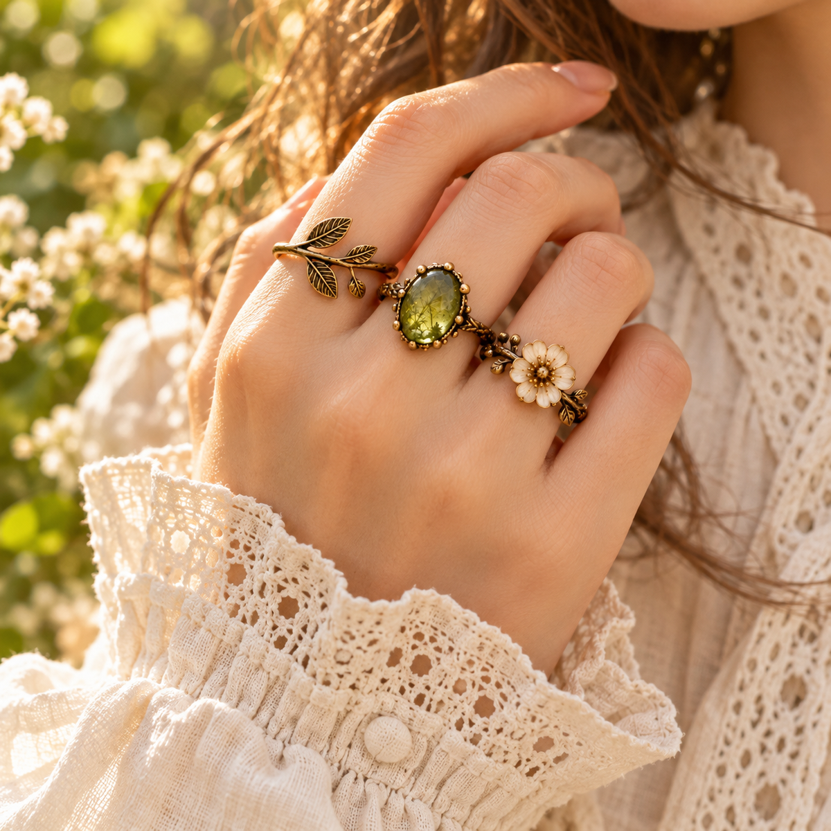Three Mori Kei botanical rings worn with a cream blouse
