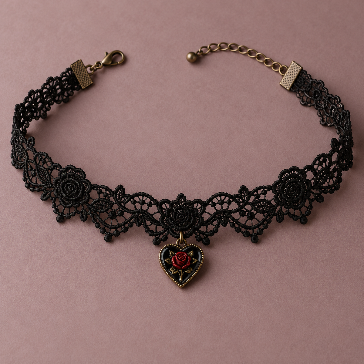 Black floral lace choker with heart pendant