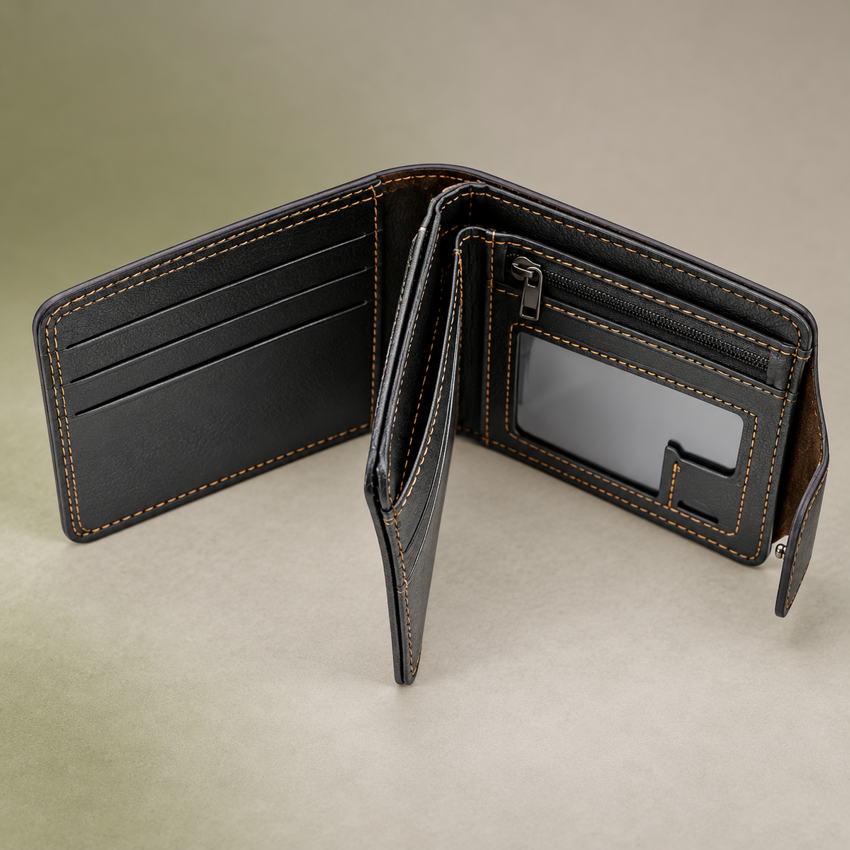 Open AoT Leather Wallet with card slots, clear ID window, and zip pocket
