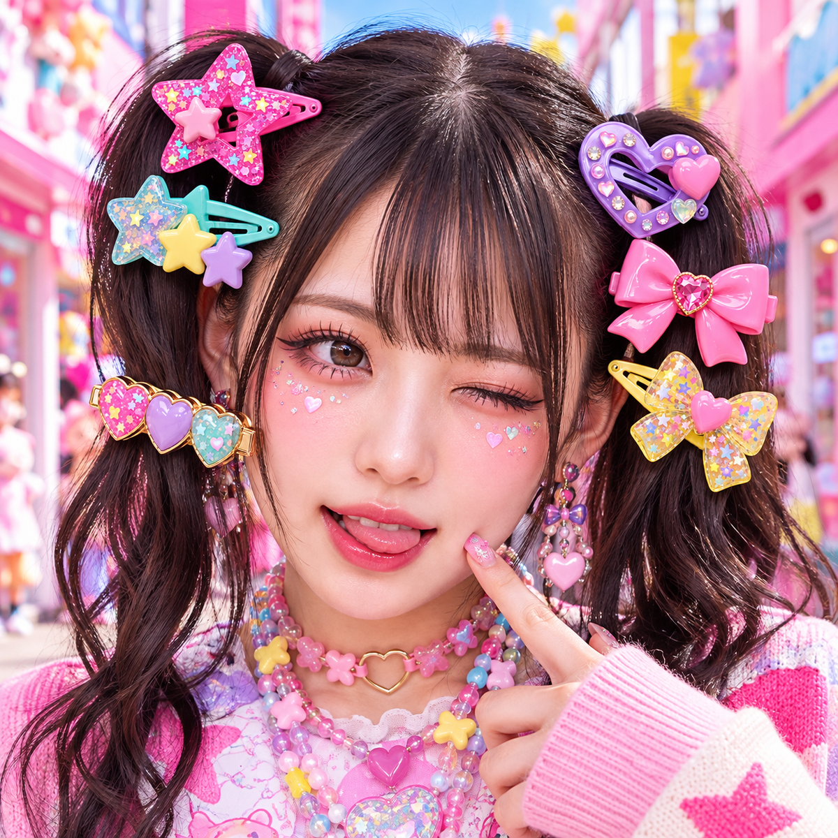 Colorful Harajuku star and heart hair clips styled in twin-tail hair