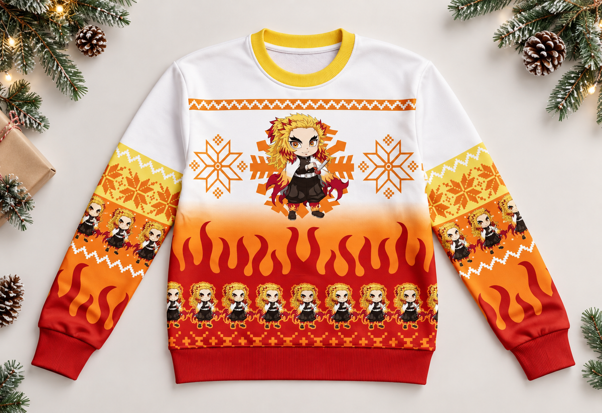 Rengoku sweater arranged in a professional holiday flat lay