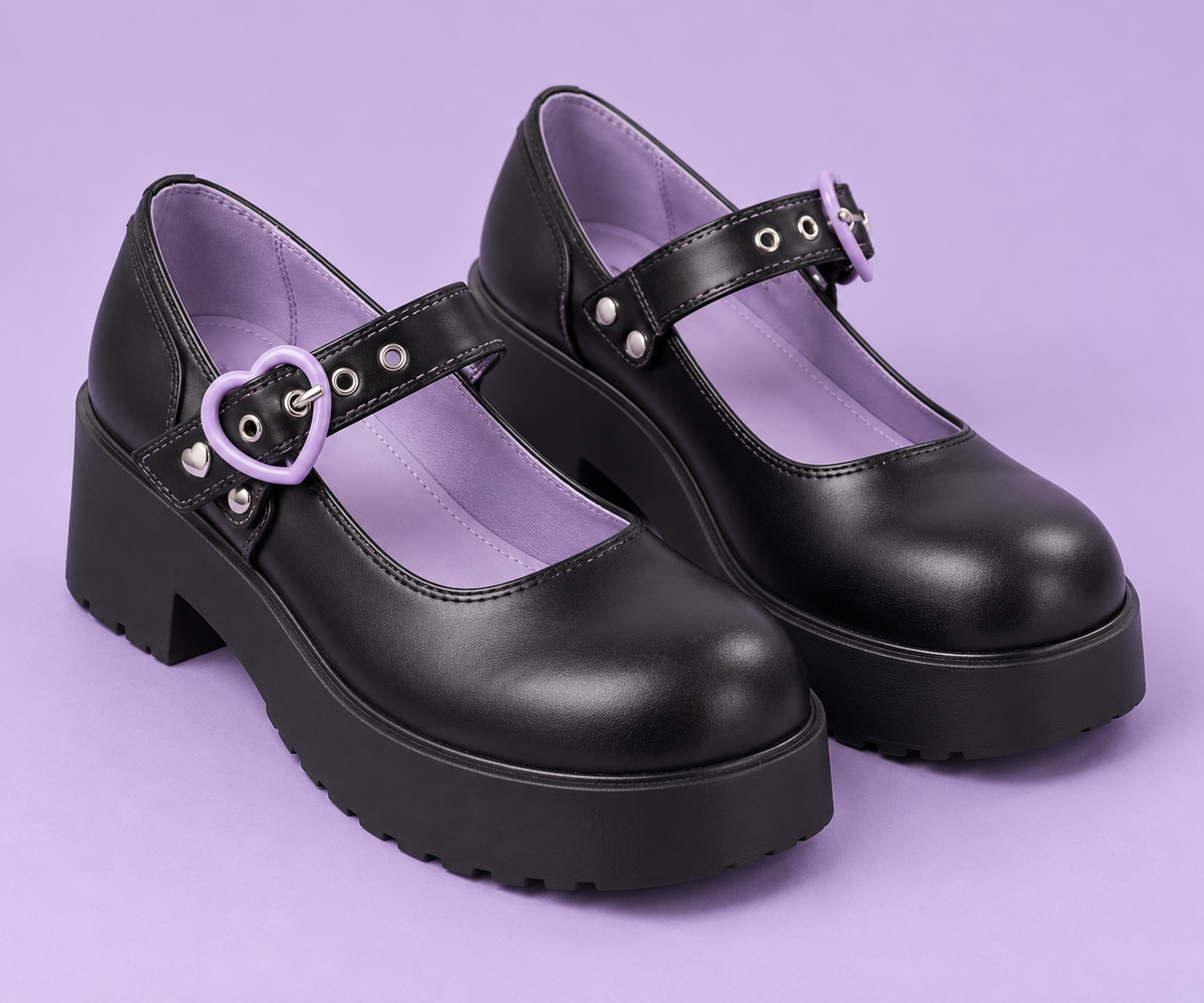 Black platform Mary Jane shoes with lavender heart buckles