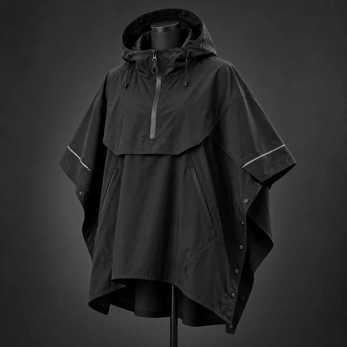Black hooded techwear poncho jacket with layered cape panel and reflective trim