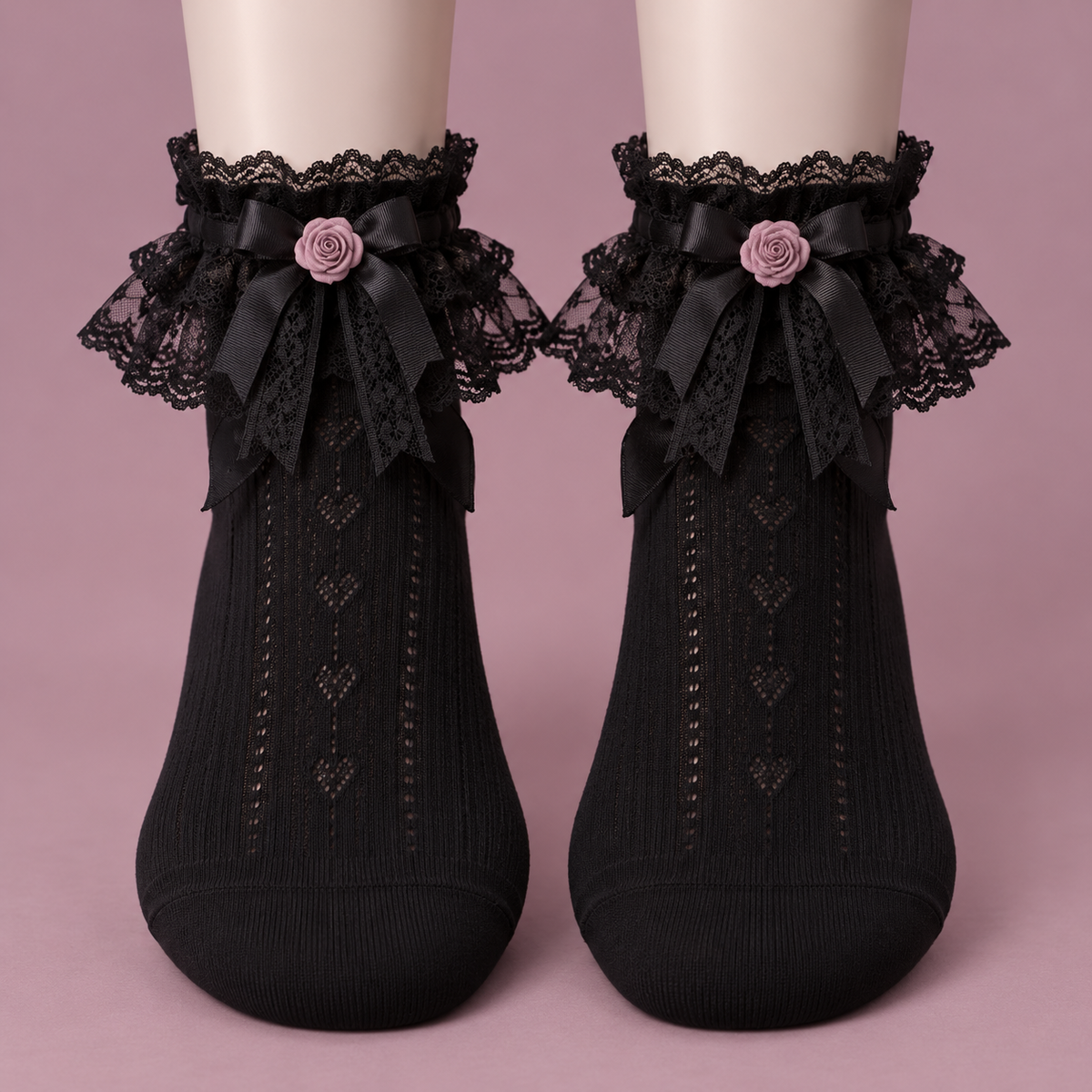 Pair of black Jirai Kei lace-trim ankle socks