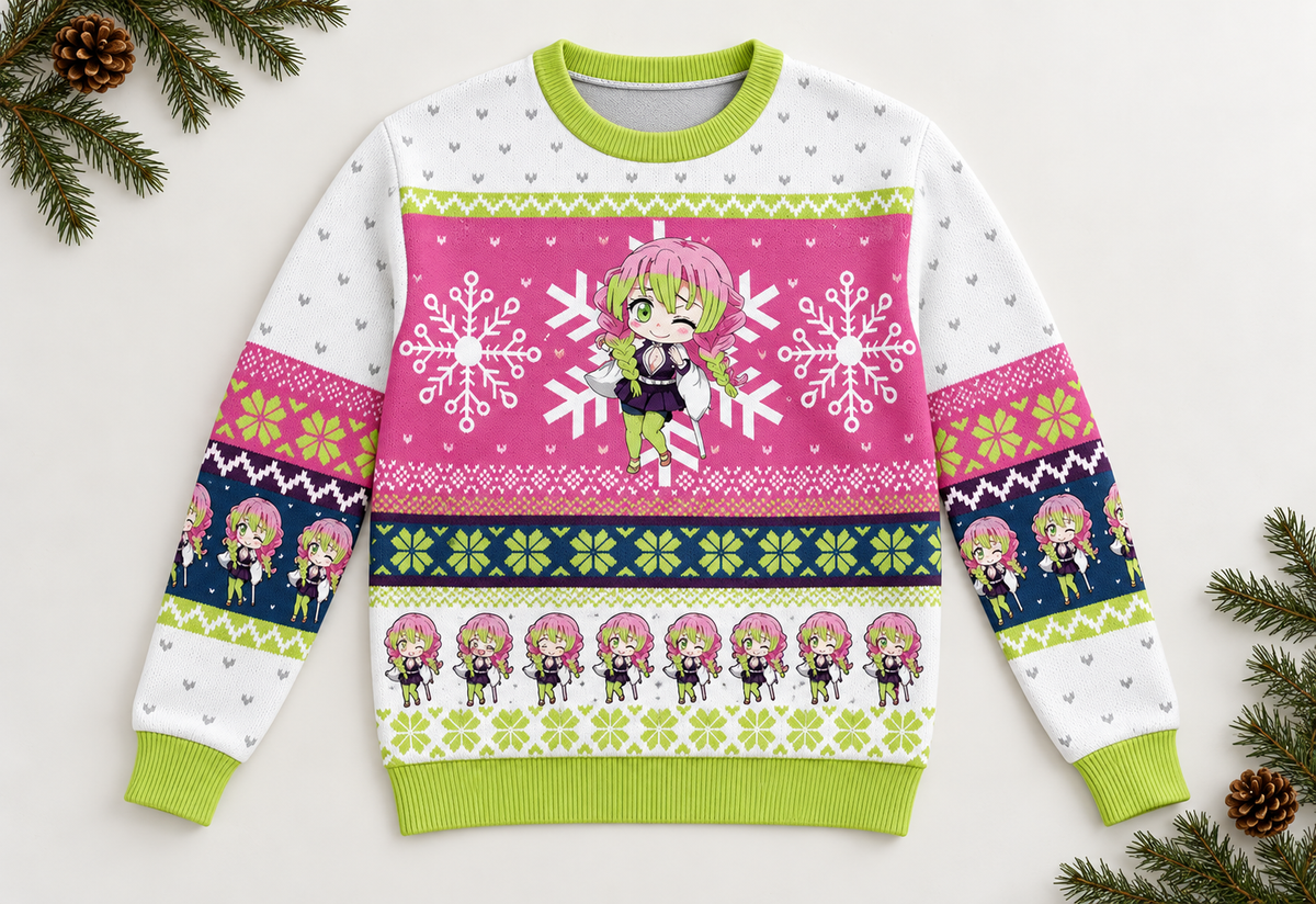 Mitsuri sweater arranged in a professional holiday flat lay