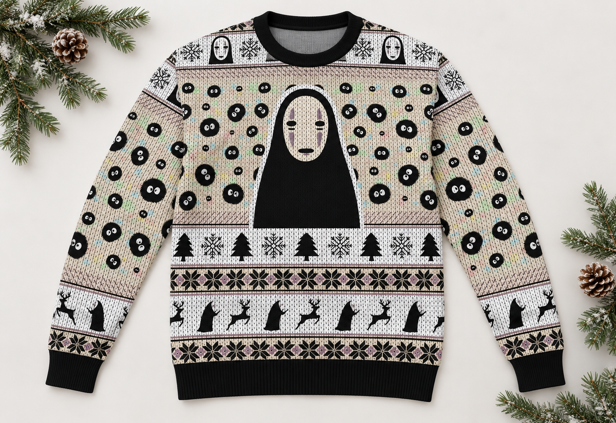 No Face sweater arranged in a professional holiday flat lay