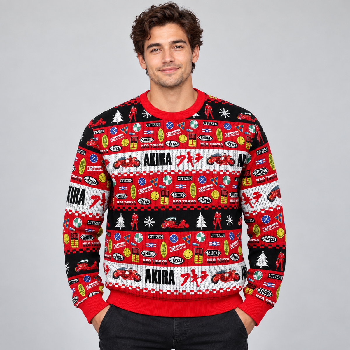 Flat-lay view of the Akira holiday sweater with motorcycle and winter graphics