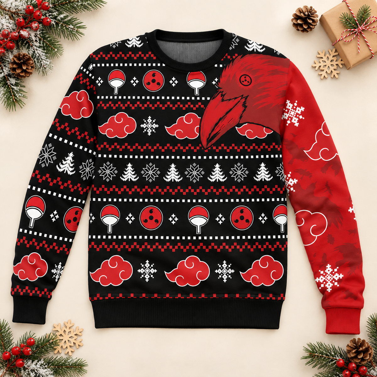 Flat-lay view of the Akatsuki Raven sweater with red cloud and Uchiha motifs