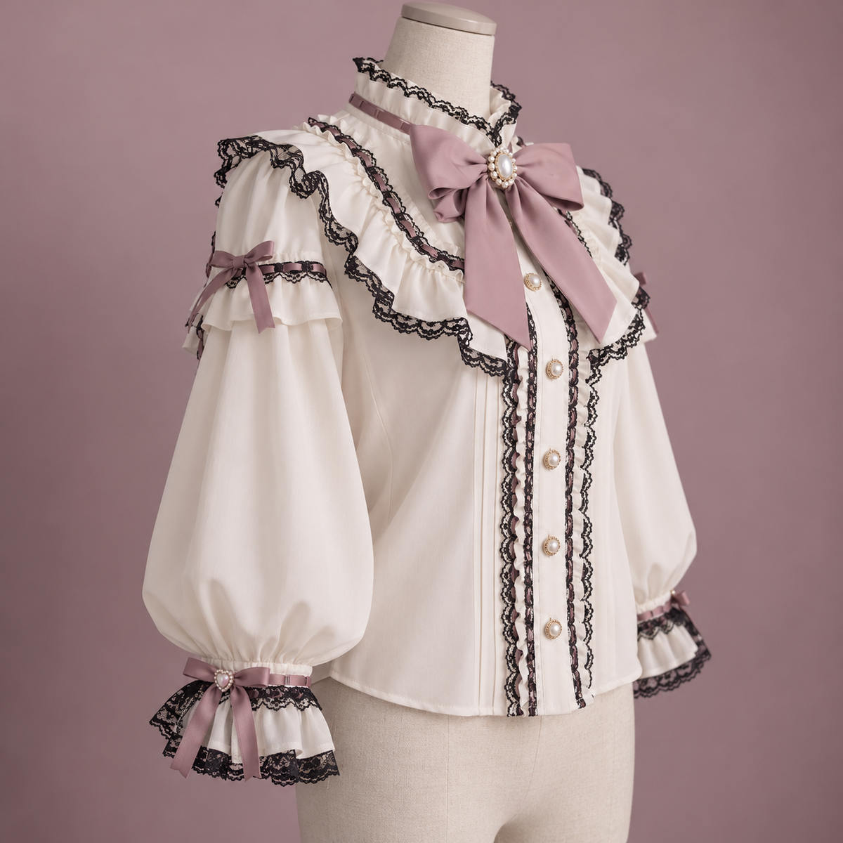 Side view of ivory lace Jirai Kei blouse with puff sleeves