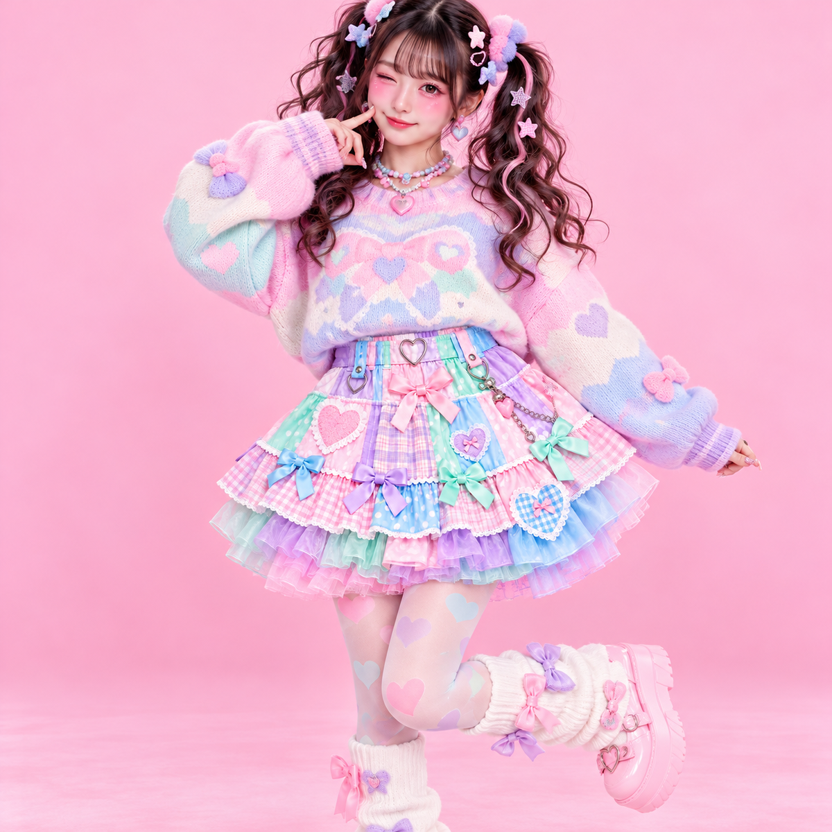 Pastel Decora Harajuku skirt styled with colorful tights and sweater