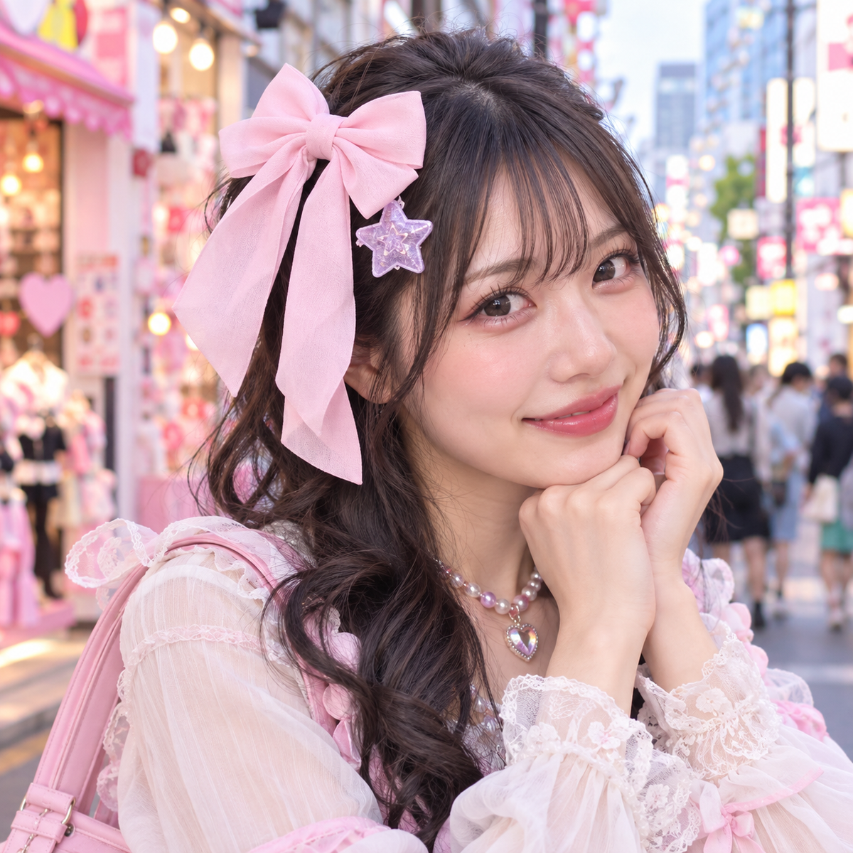 Model wearing a pastel bow and star Harajuku hair clip set