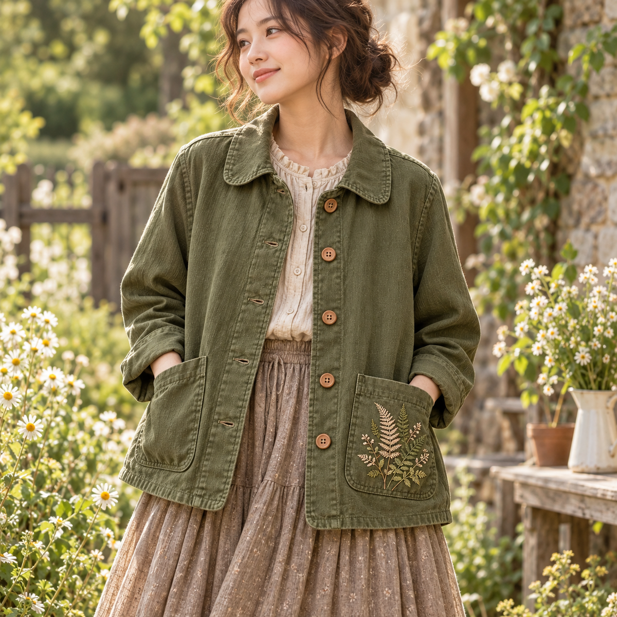 Moss-green Mori Kei jacket styled with an oatmeal blouse and layered skirt