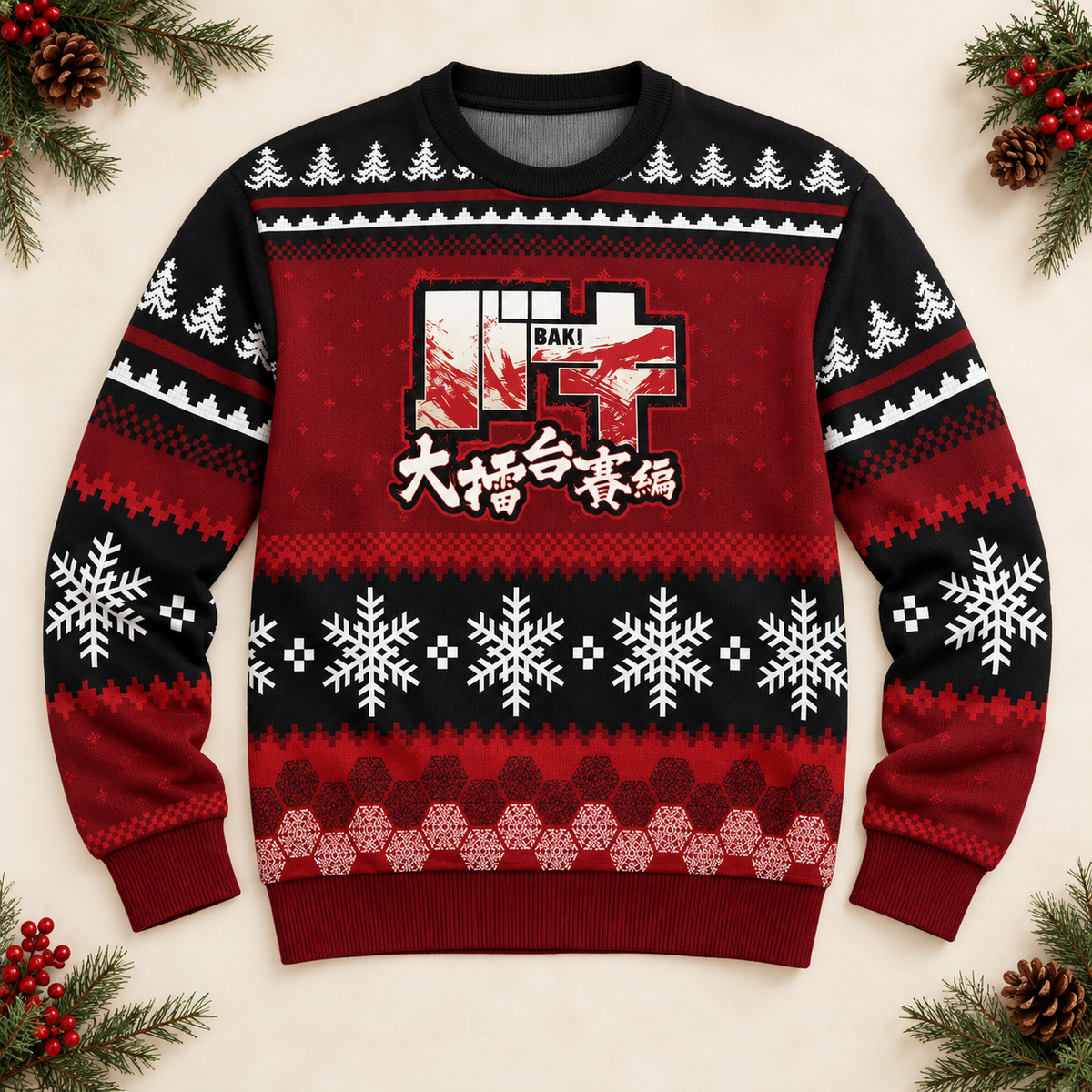 Flat-lay view of the Baki sweater with central Japanese graphic and snowflakes