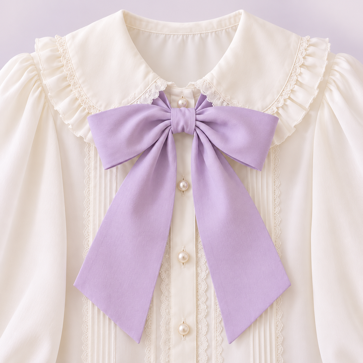 Close-up of the lilac bow and buttons on the ivory blouse