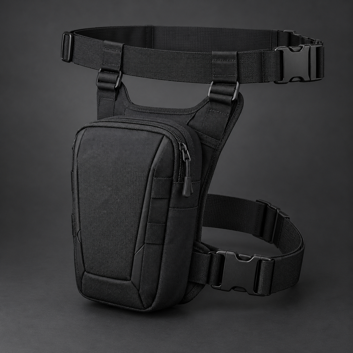 Black techwear thigh pouch with adjustable waist and leg straps