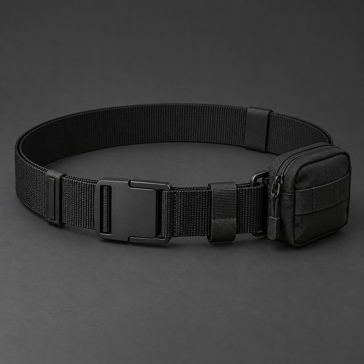 Black techwear webbing belt with utility pouch and matte buckle
