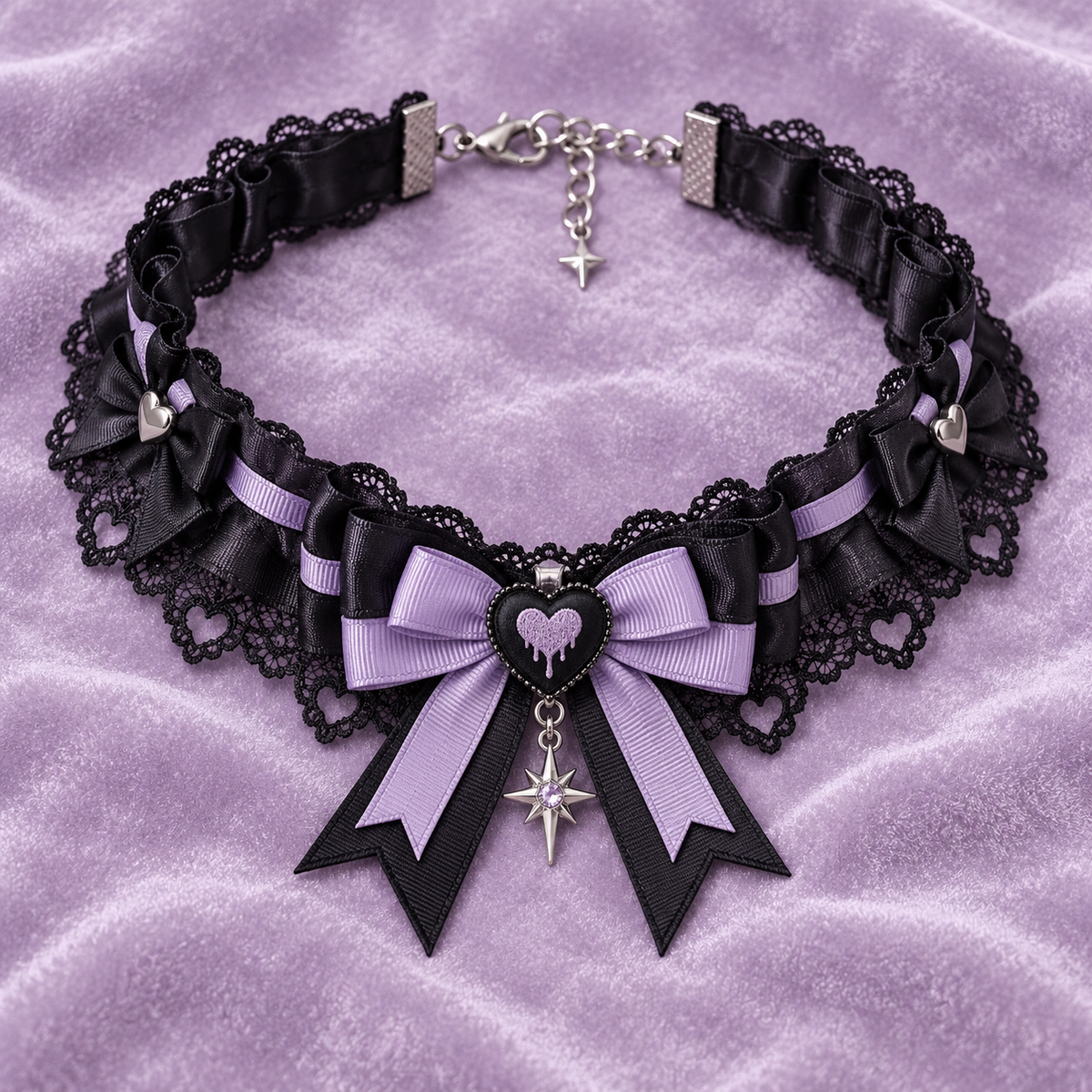 Black Yami Kawaii ribbon collar with lavender bow and silver star charm
