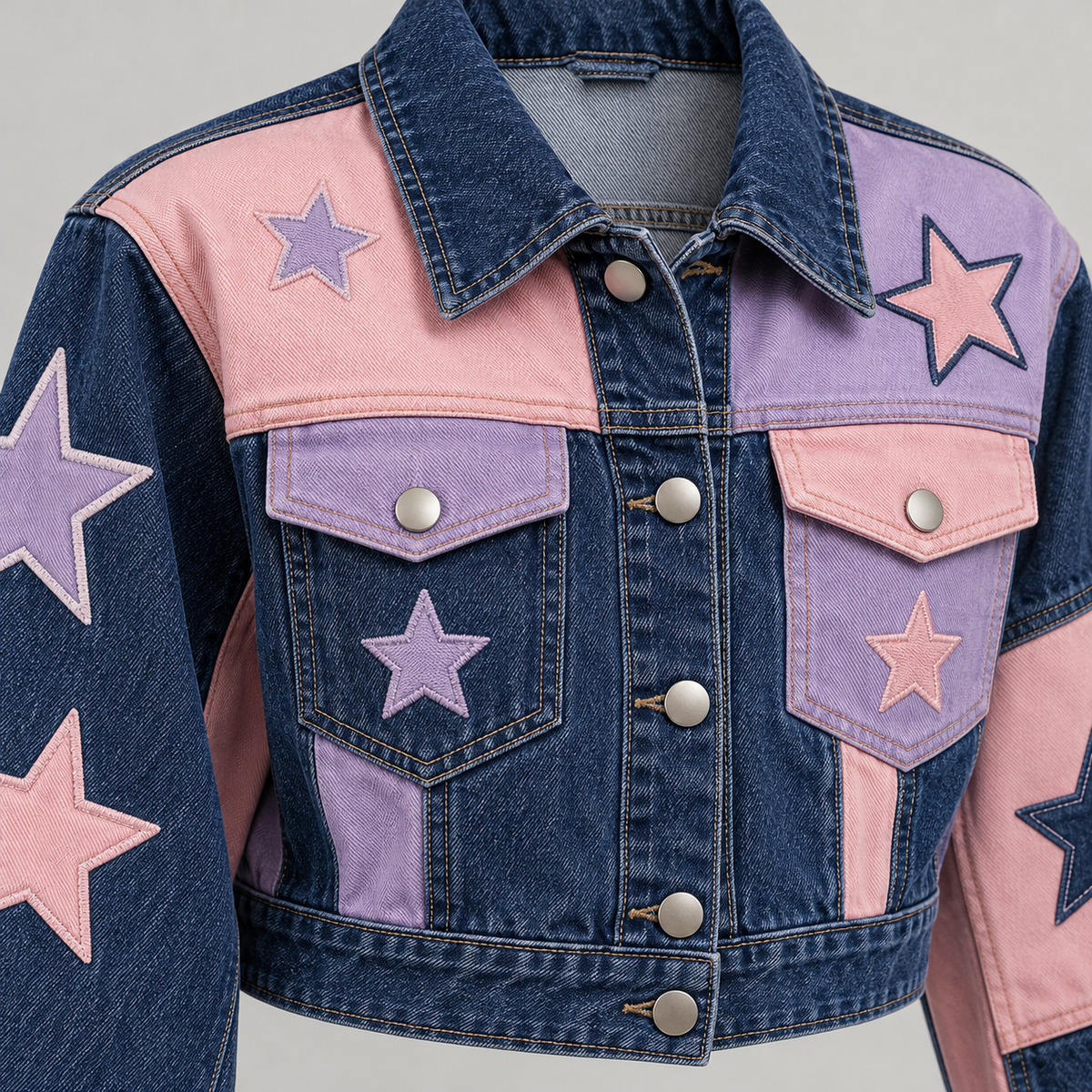 Model wearing a cropped star patchwork Harajuku jacket