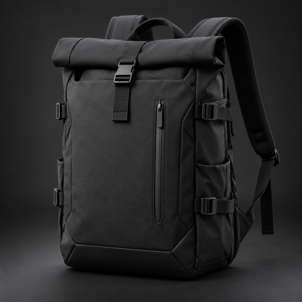 Black techwear commuter backpack with roll-top flap and vertical zip pocket