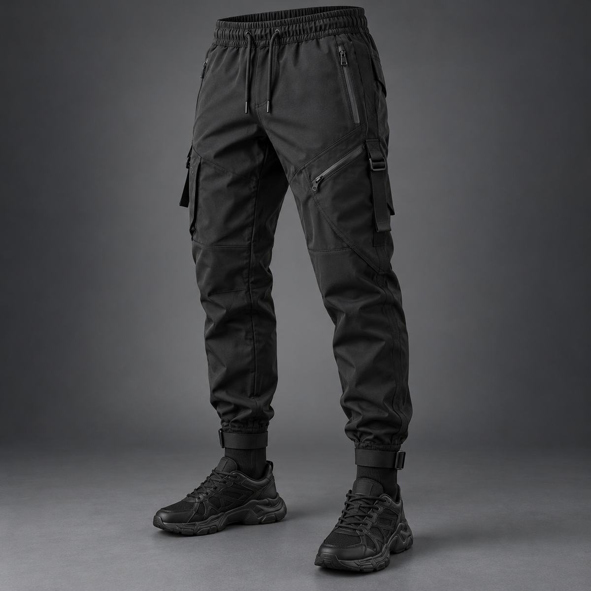 Black tapered techwear joggers with zip pockets and adjustable ankle cuffs