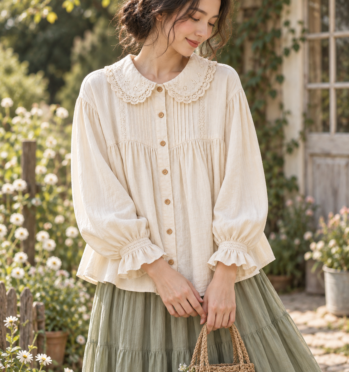 Lace collar Mori Kei blouse styled with a sage skirt in a garden