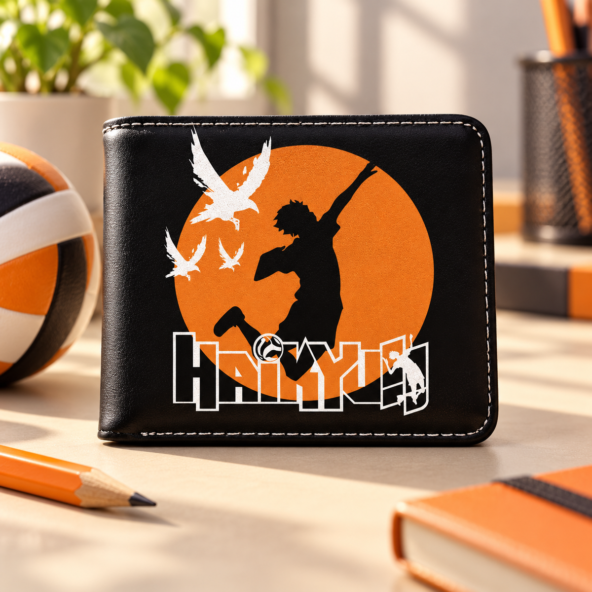 Shoyo Hinata Haikyu wallet with volleyball on warm desk