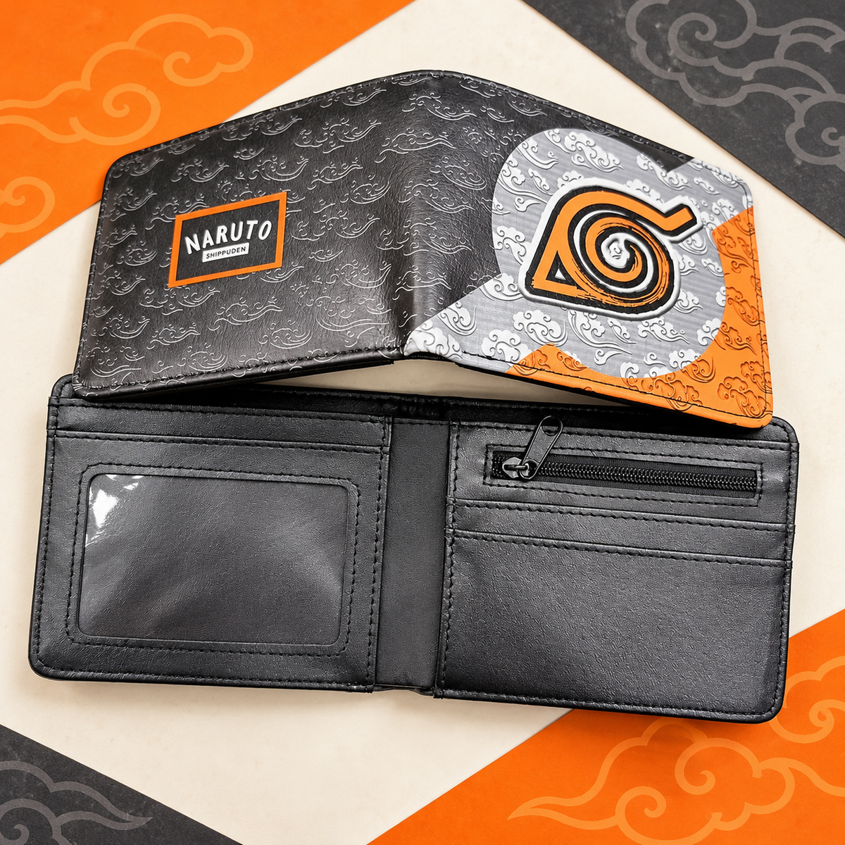 Open Konoha Clouds wallet showing the charcoal interior and zipper pocket