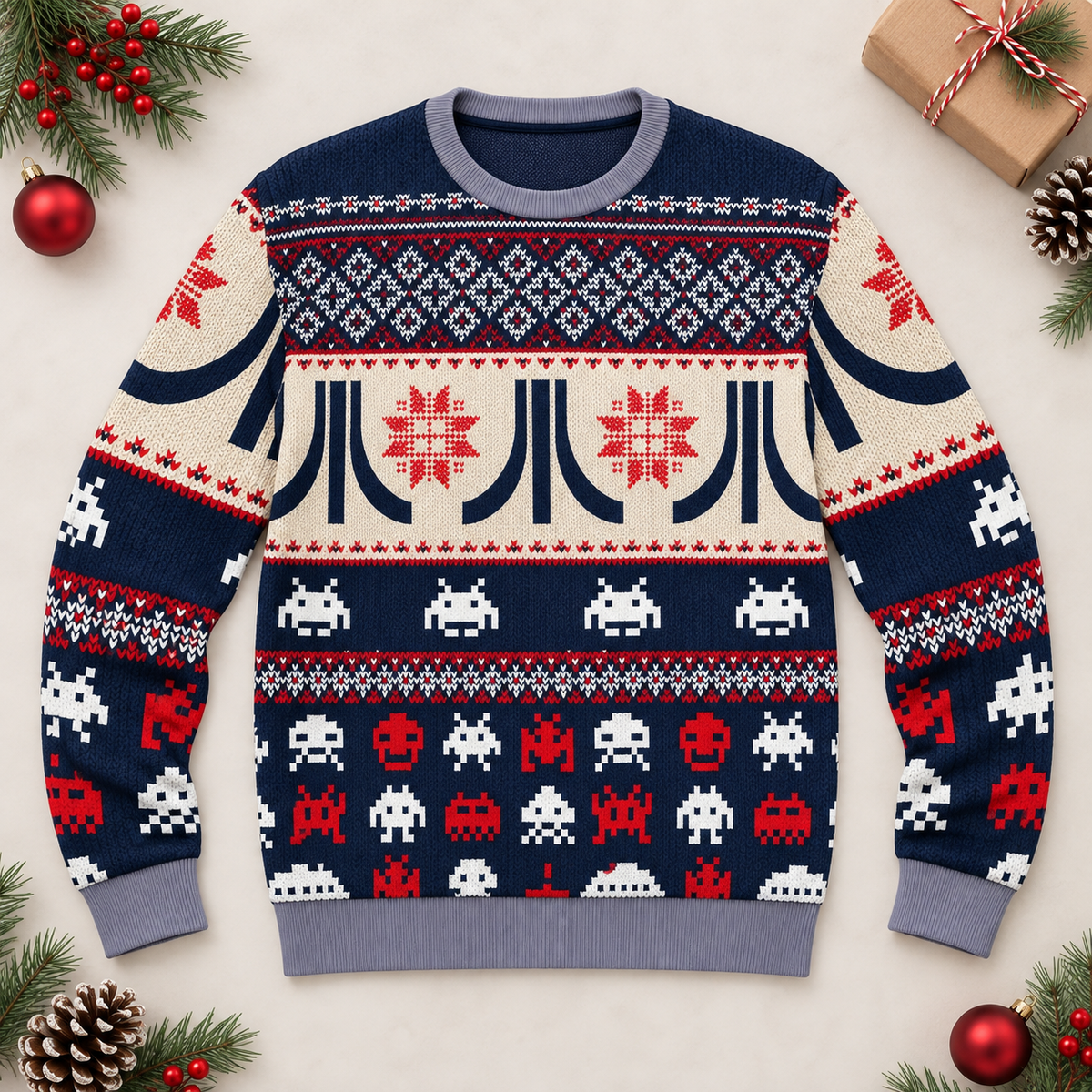 Flat-lay view of the Atari sweater with red and white pixel alien motifs
