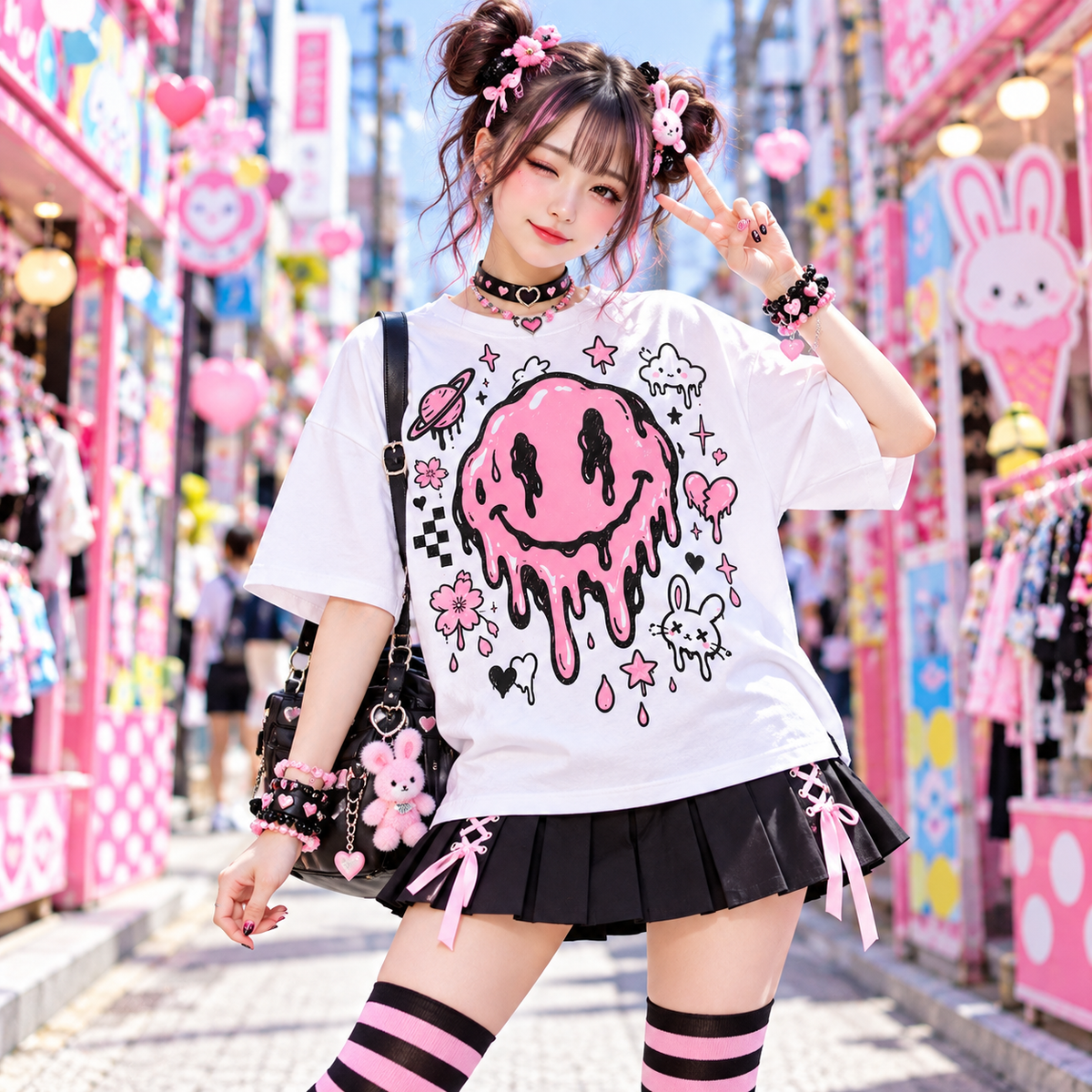 White Harajuku graphic shirt styled with a black pleated skirt