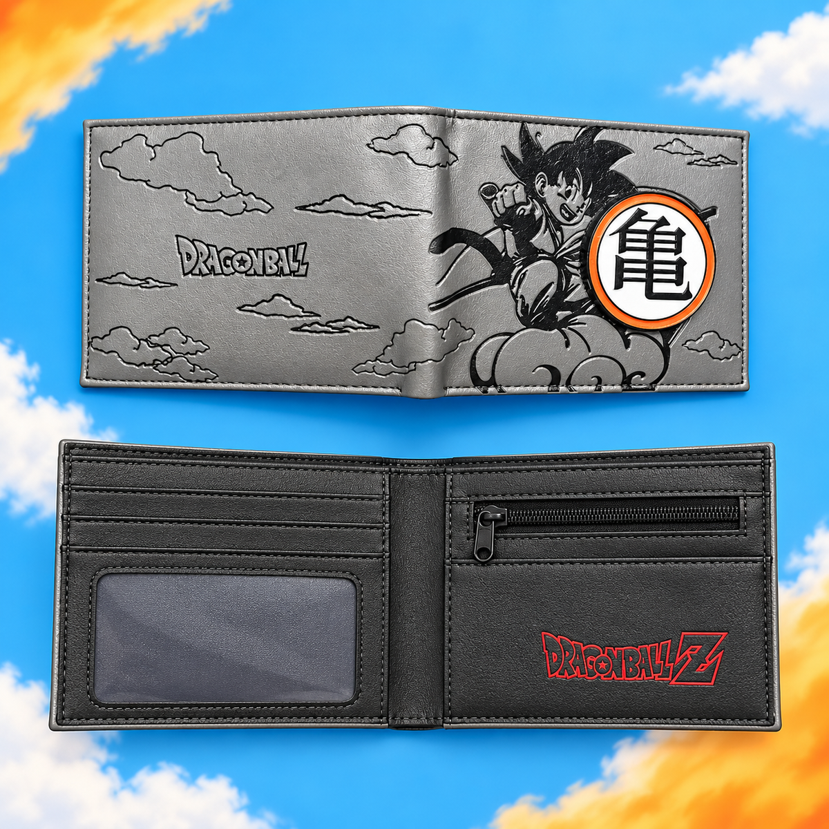 Open Son Goku DB wallet showing card slots, ID window and zip pocket