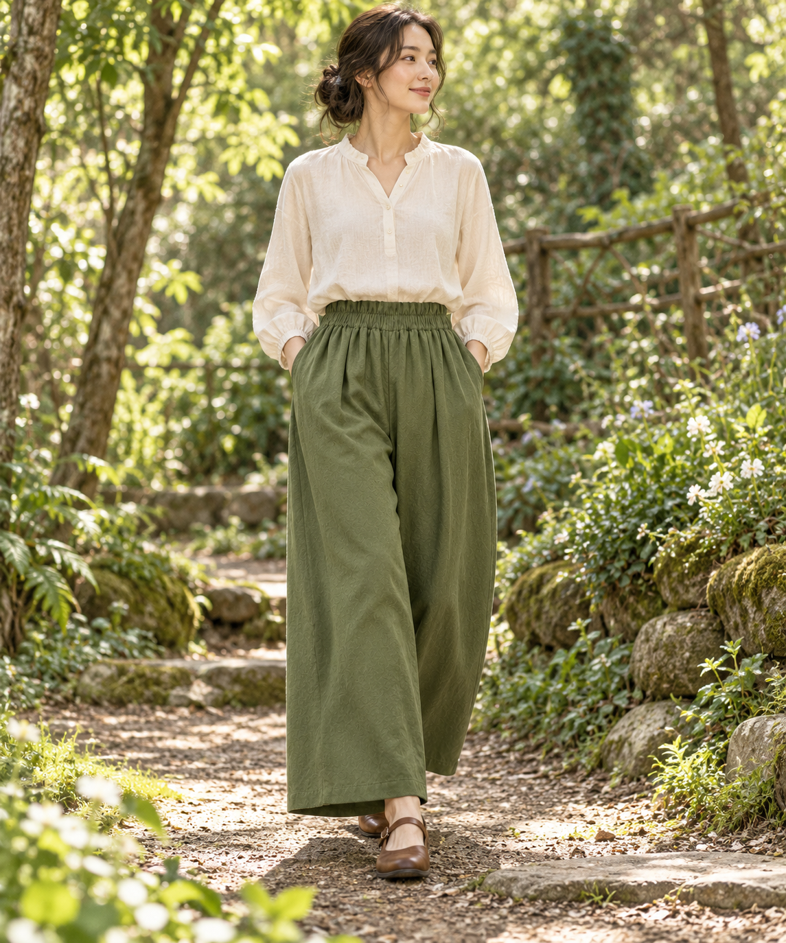 Mori Kei wide-leg trousers styled with a cream blouse in a woodland garden