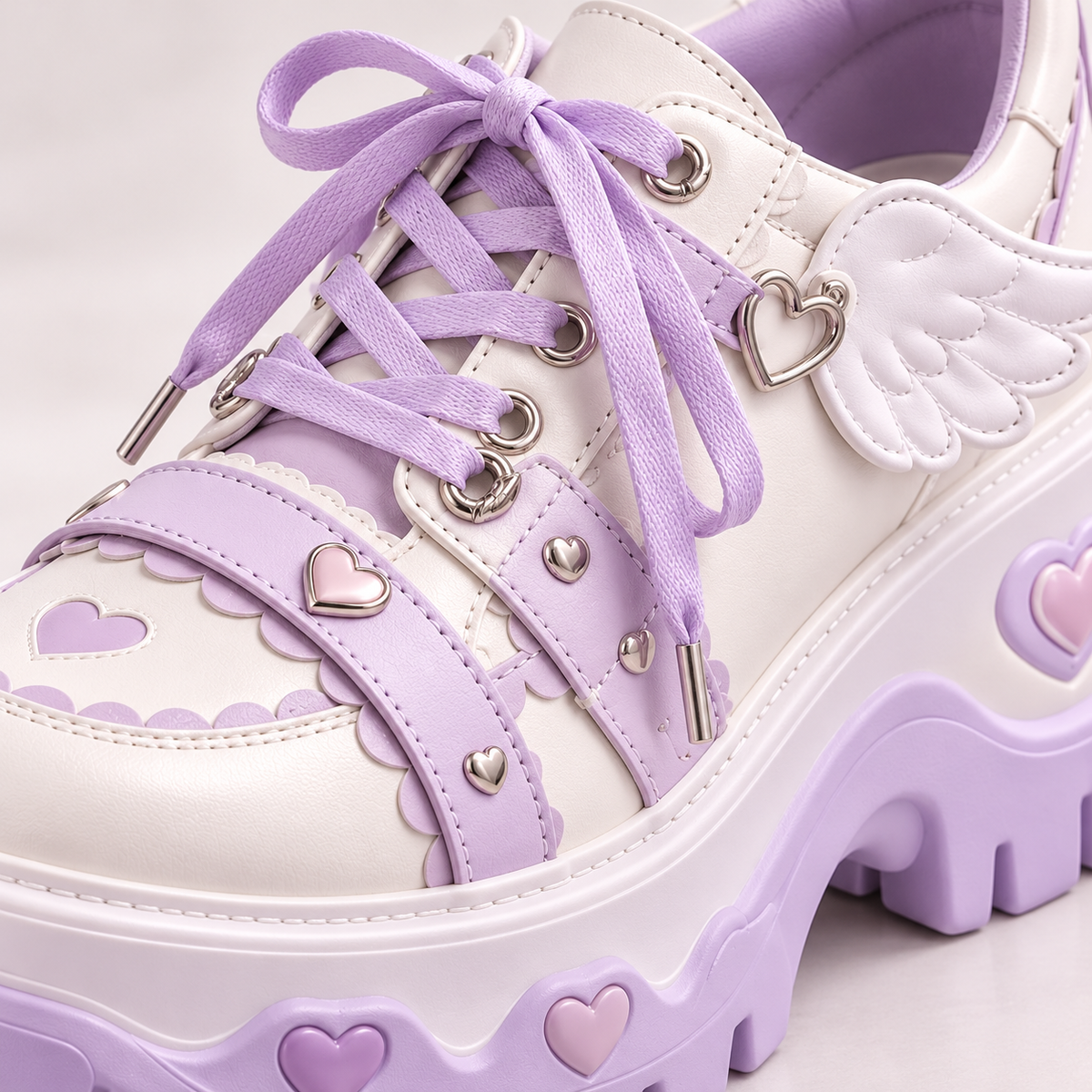 Close-up of lavender laces, angel wing motif and platform sole