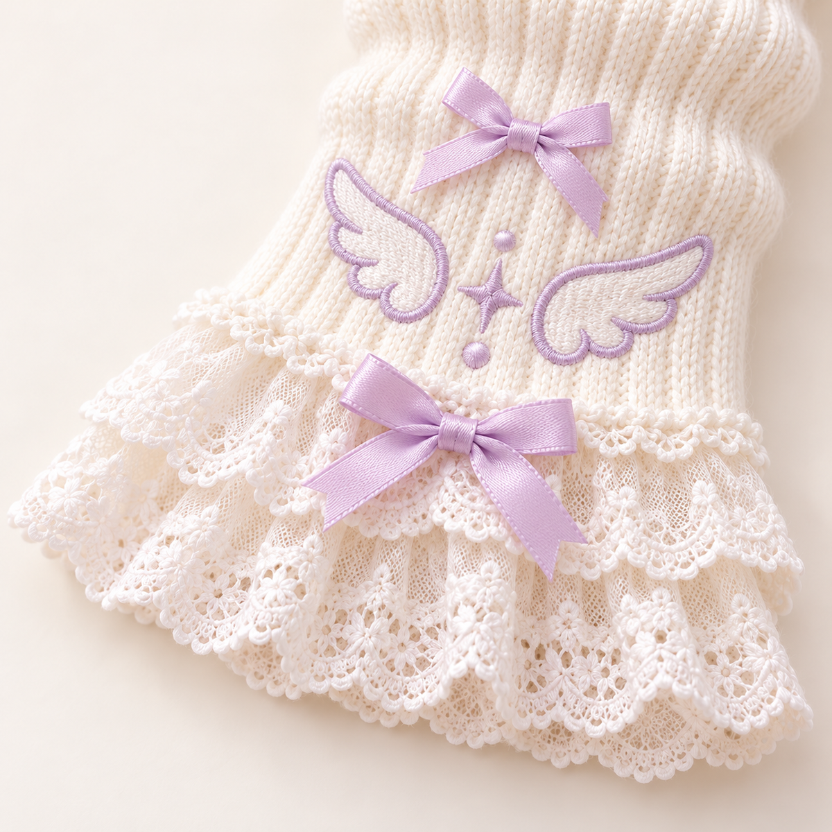 Close-up of the lavender bow, lace cuff and wing motif on an arm warmer