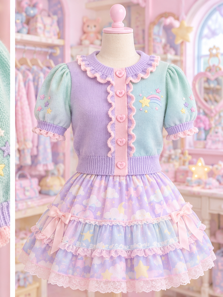 Pastel Fairy Kei cardigan styled with a colorful skirt