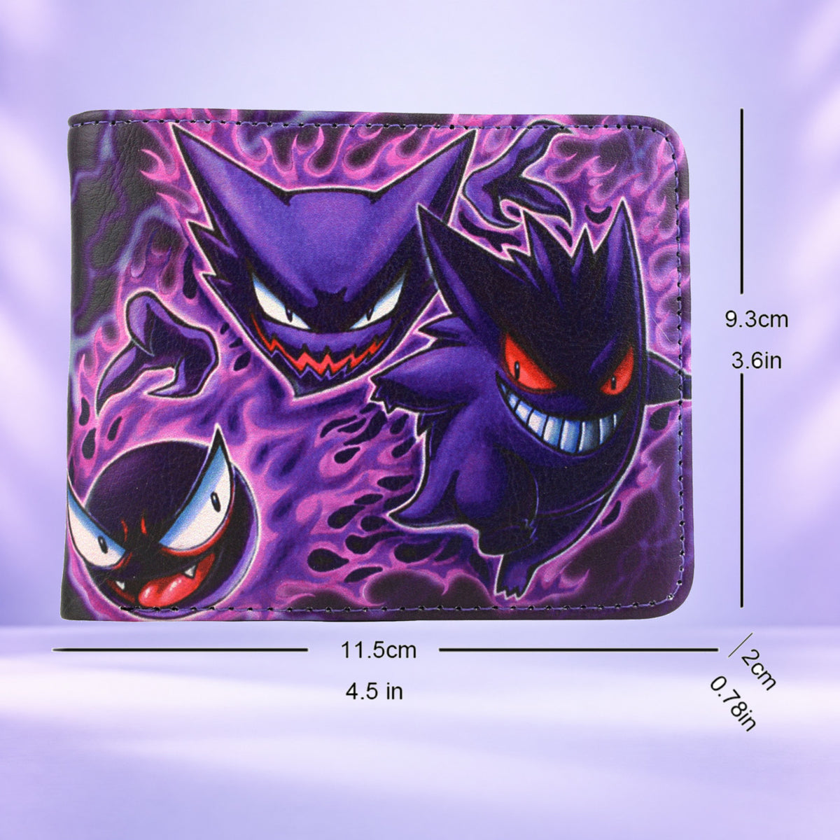 Ghost Types wallet with original measurement guide on light lavender background