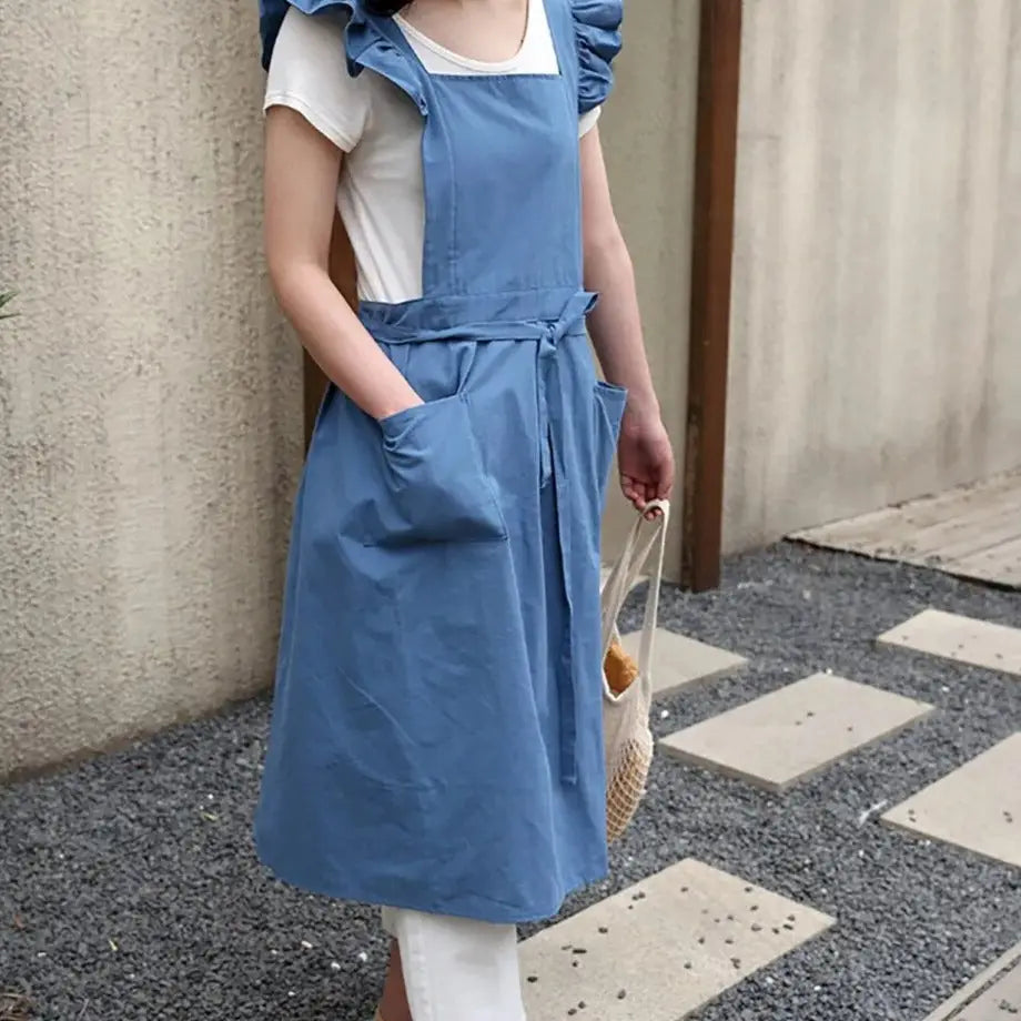 Blue Ruffle Sleeve Japanese Apron