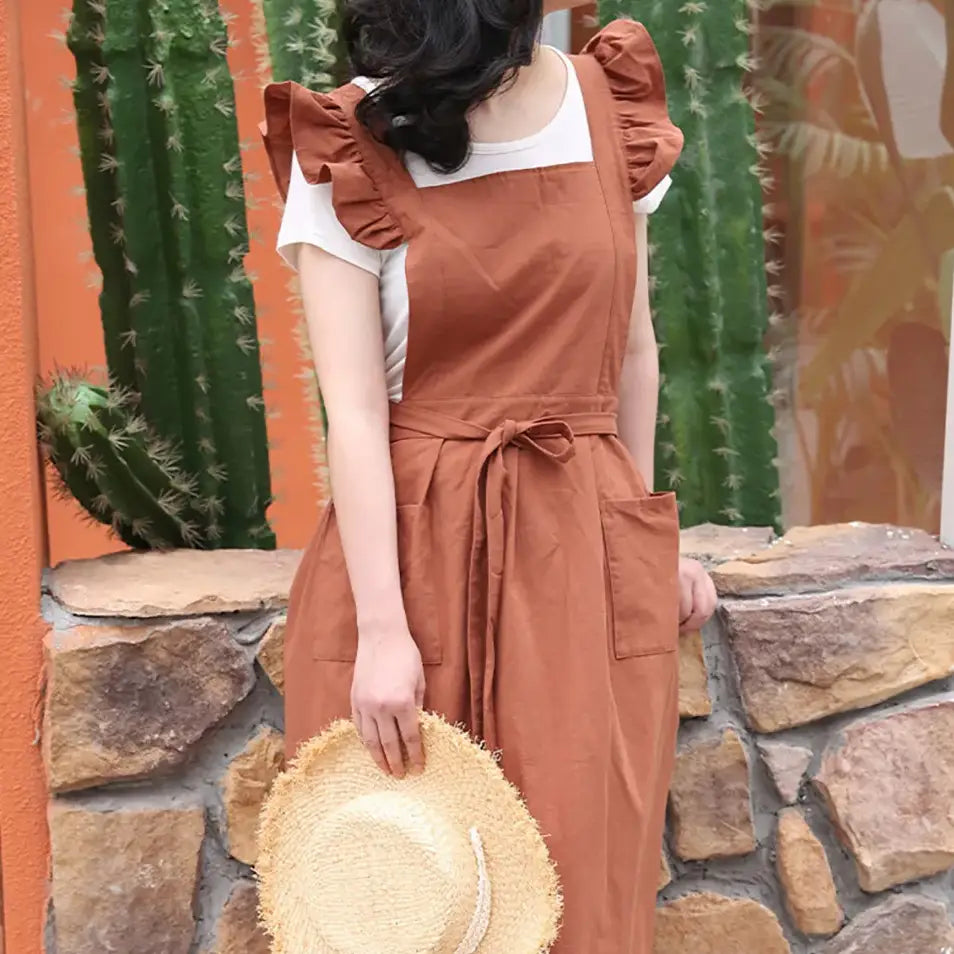 Brown Ruffle Sleeve Japanese Apron JAPAN BOX Brown Ruffle Sleeve Japanese Apron JAPAN BOX