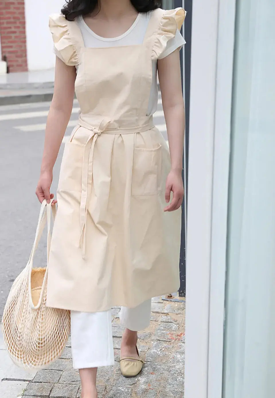 Beige Ruffle Sleeve Japanese Apron