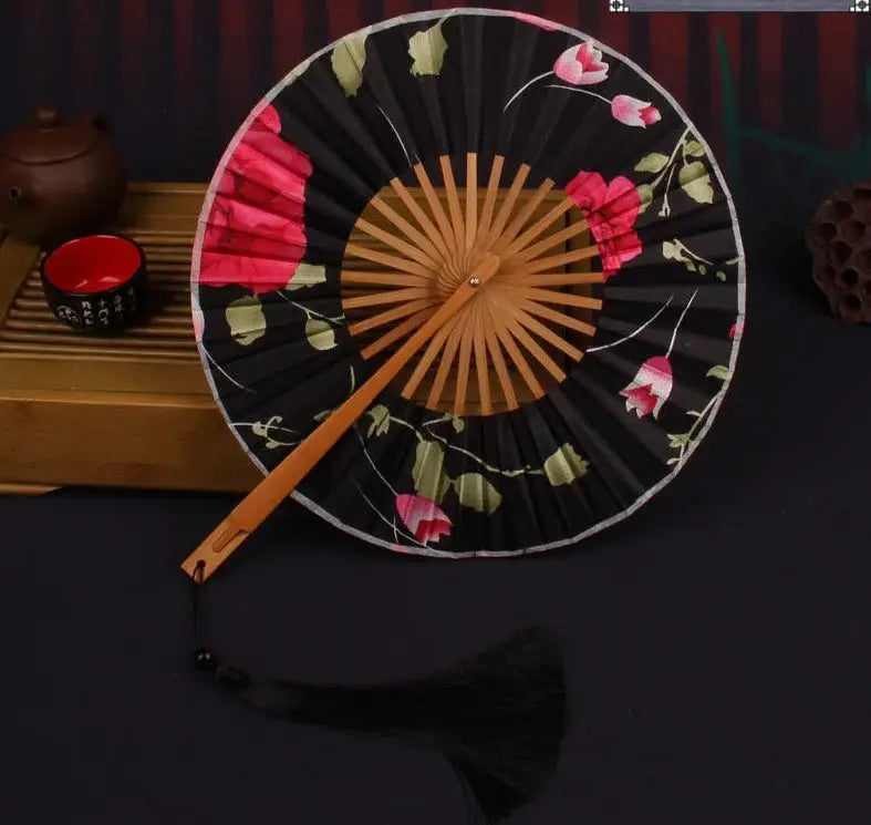 Black Flowers Round Hand Fan