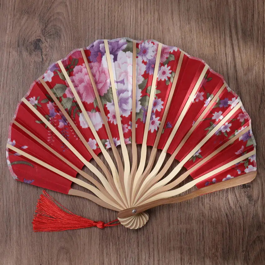 Crimson Florals Round Hand Fan