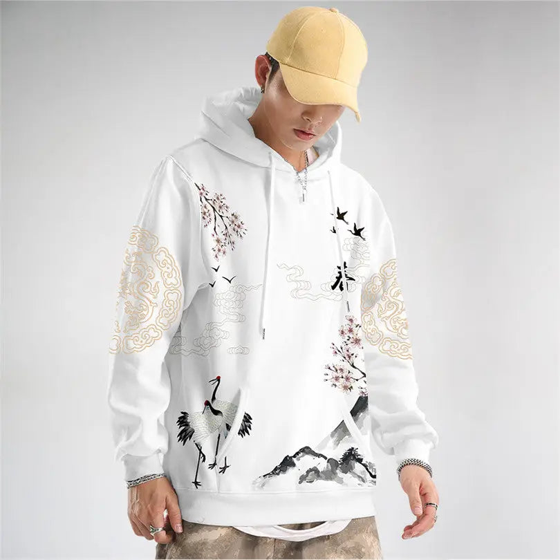 Crane Birds Scenery White Hoodie